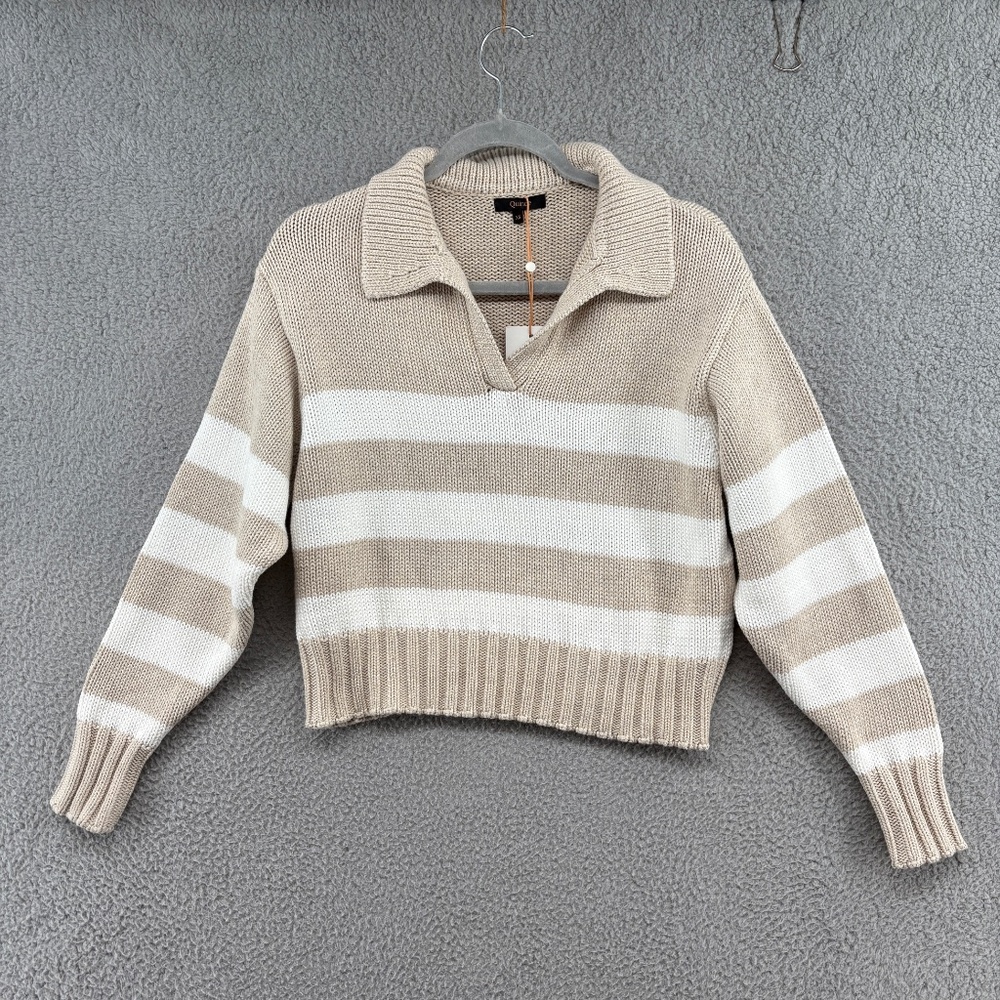 Quince Cream and White Striped V-Neck Sweater - Picture 5 of 15